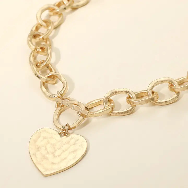 Hammered Metal Heart Charm Chunky Chain Toggle Necklace