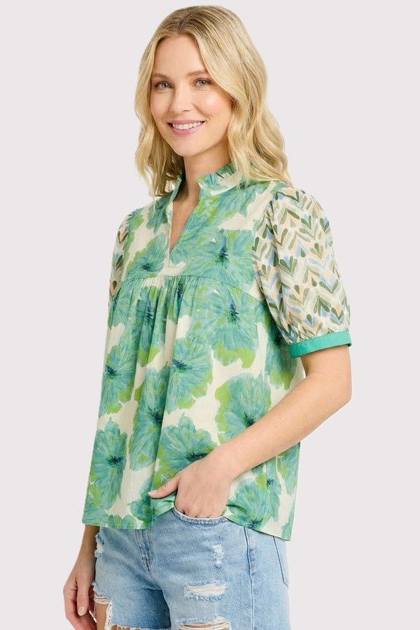 Floral Mixed Frilled Neck Top - Blush & Cactus