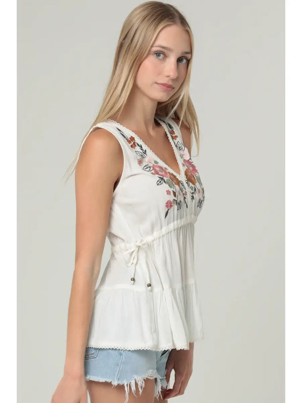 Angie Embroidered V Neck Tank Top with Side Ties and Lac