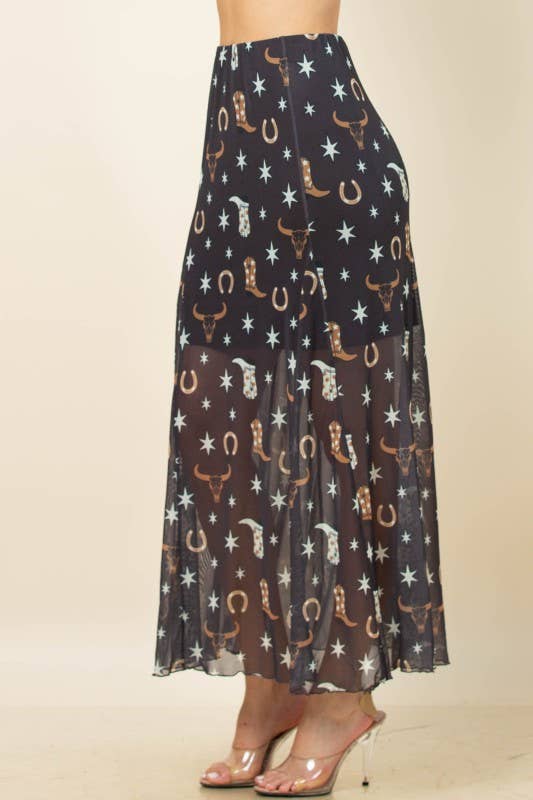 Western Mesh Maxi Skirt - Blush & Cactus