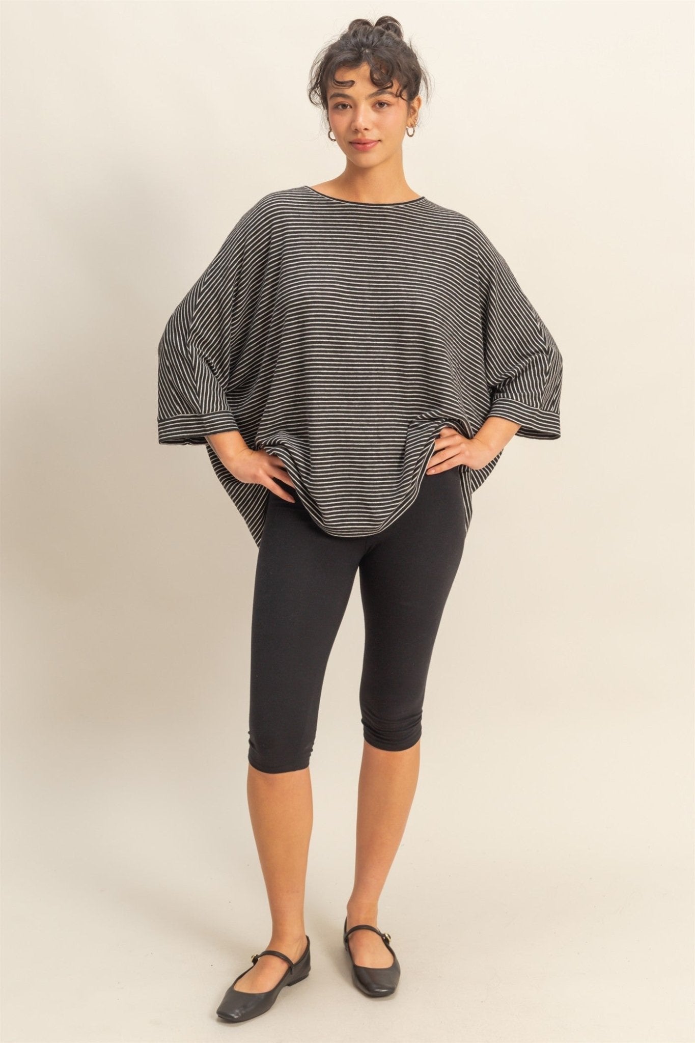 Brushed Fabric Striped Oversized 3/4 Sleeve Top - Blush & Cactus