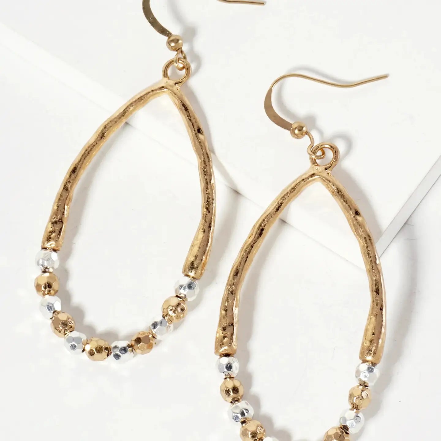 Dual - Tone Hammered Metallic Teardrop Dangle Earrings - Blush & Cactus