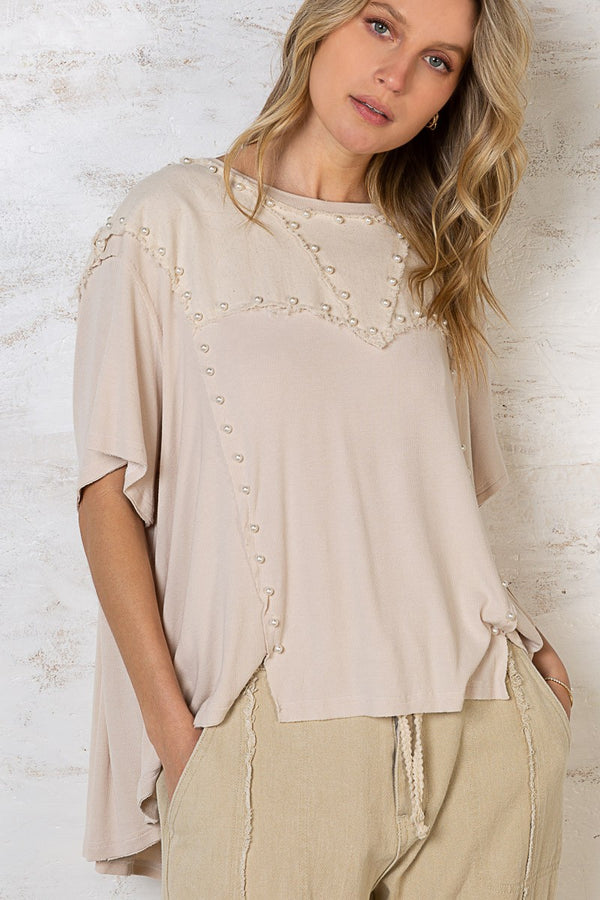 POL Oversize 1/2 sleeve pearl detail ribbed top