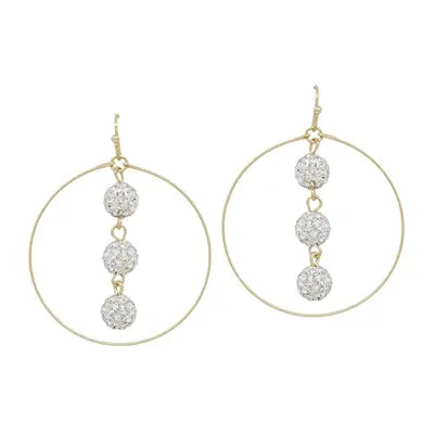 White Crystal 3 Beaded Drop in Gold Circle 1.75" Earring