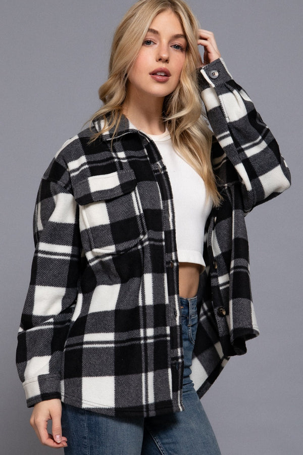 Long Slv Check Printed Fleece Shacket - Blush & Cactus
