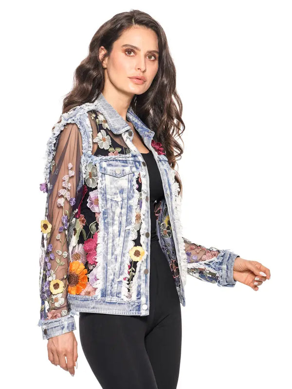 Denim Lace Jacket with Floral Embroidery