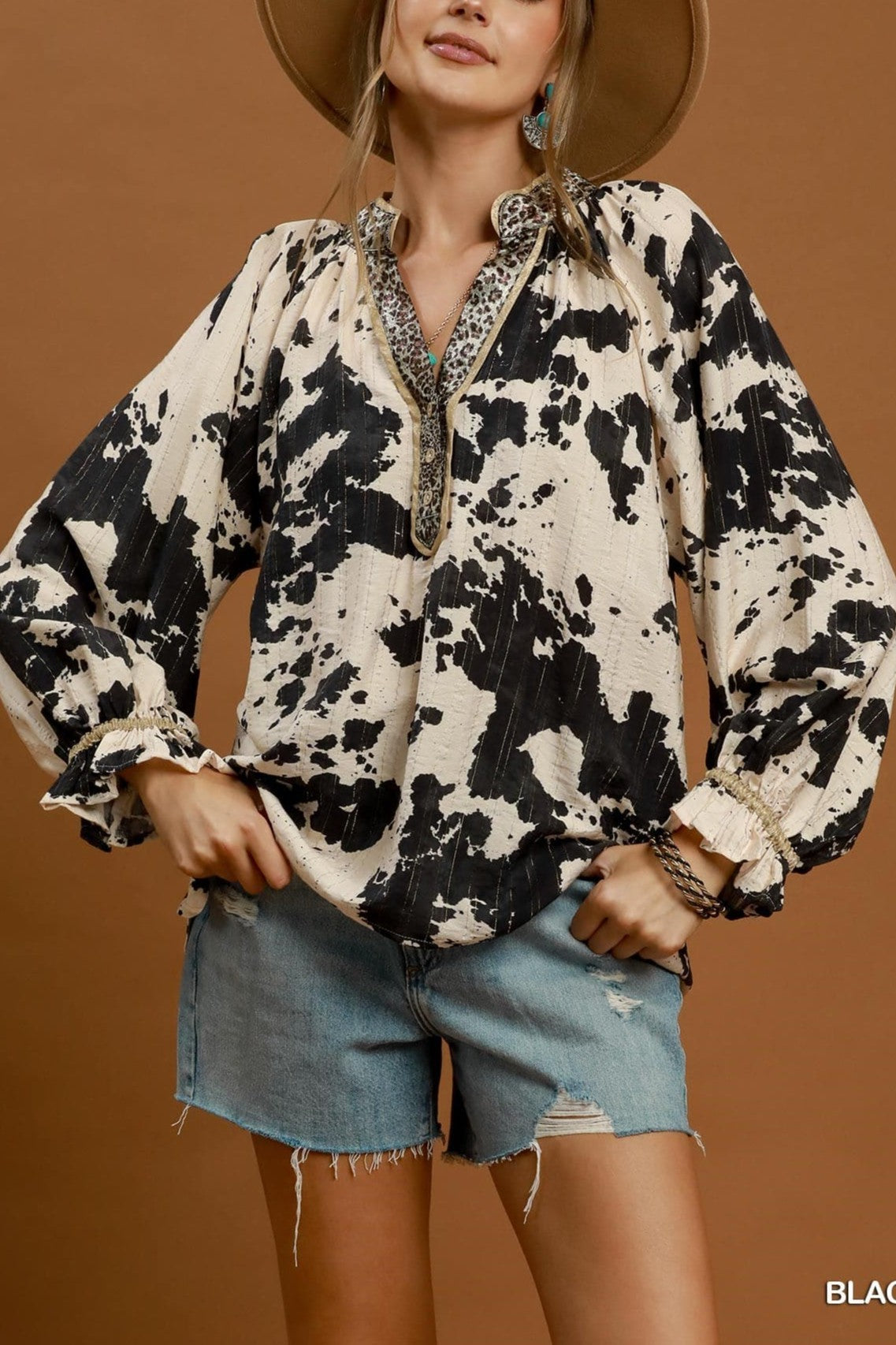 Umgee Cowhide Print Contrast Trim Blouse