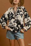 Umgee Cowhide Print Contrast Trim Blouse