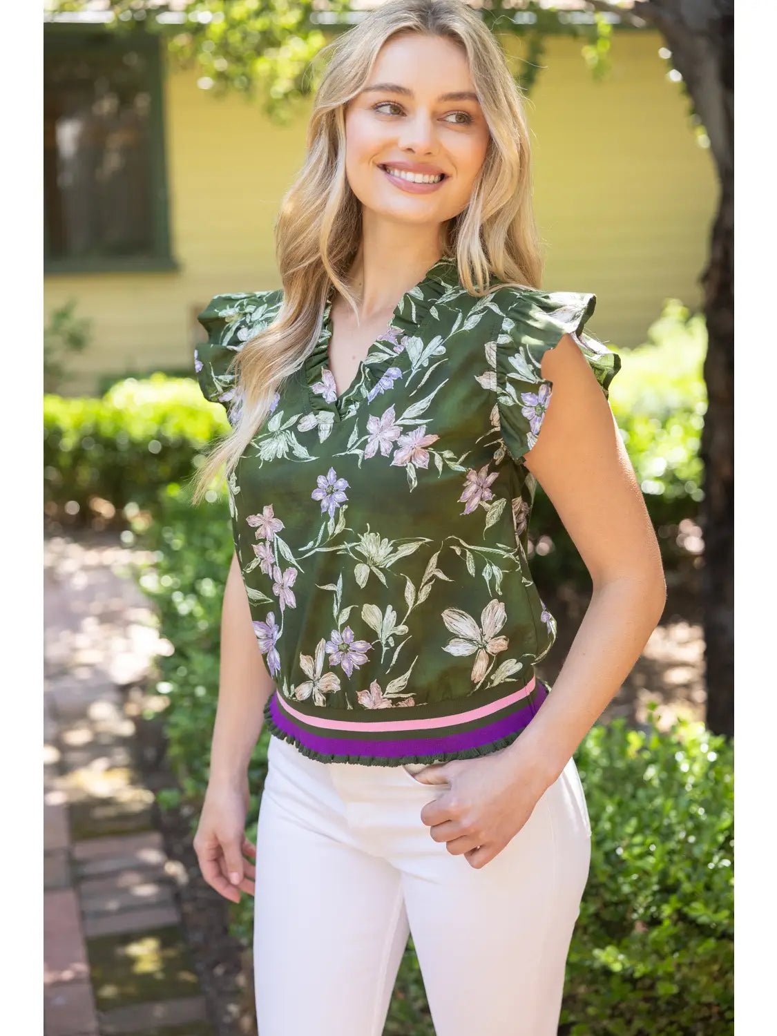 Stripe Ribbed Band Floral Print and Embroidered Top - Blush & Cactus