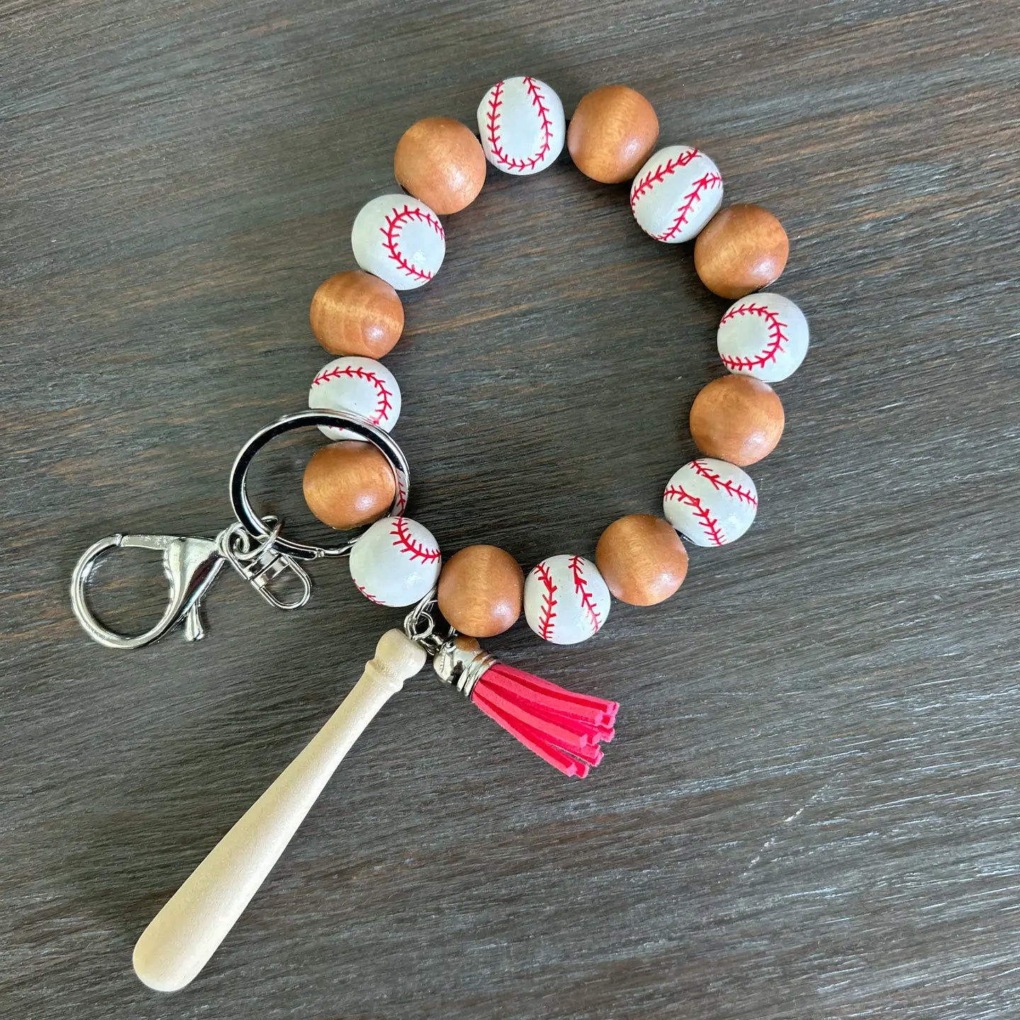 Batter Up! Baseball Keychain Wristlet with Baseball Bat - Blush & Cactus