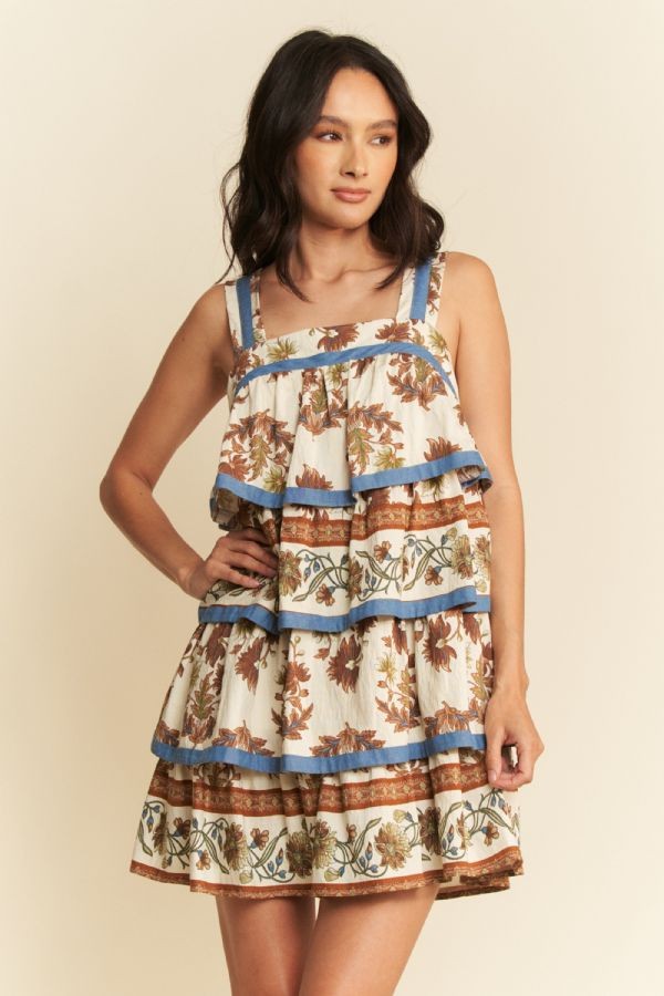 Davi & Dani Denim Band Boho Floral Printed Tiered Dress