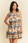 Davi & Dani Denim Band Boho Floral Printed Tiered Dress