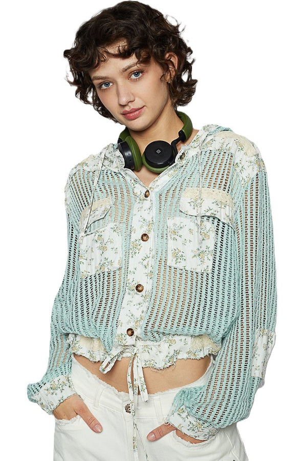 POL Vintage Washed Crochet Hoodie Jacket with Patchwork