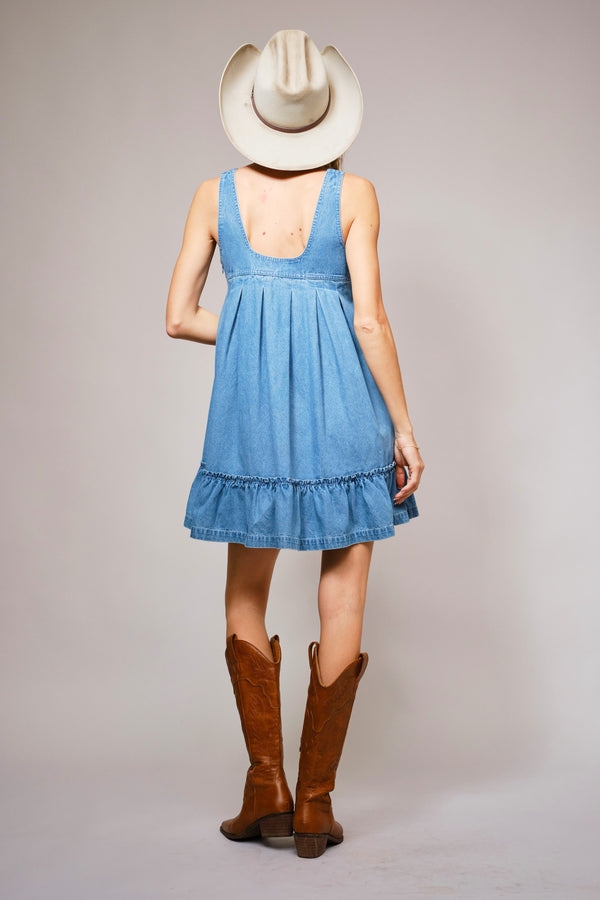 Blue B Western Buckle Strap Ruffle Deniim Dress