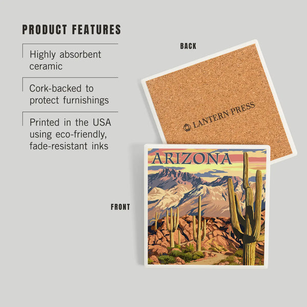 Arizona Desert Cactus Trail Scene At Sunset Ceramic Coaster