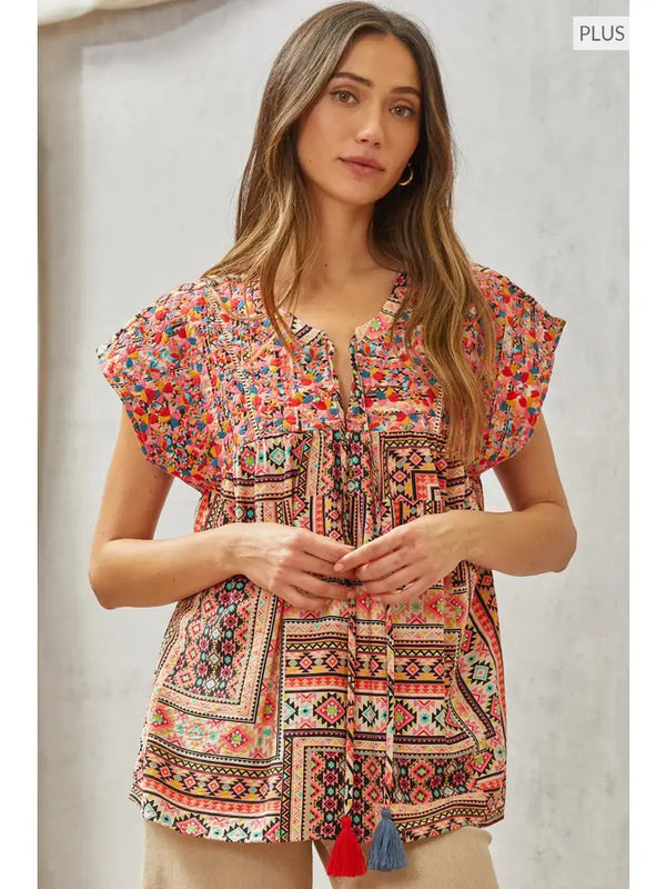 Savanna Jane Babydoll Top with Floral Embroidery Details