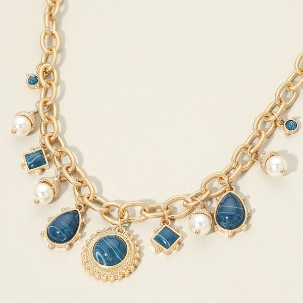 Chunky Multi-Shaped Cabochon Pearl Charm Station Necklace
