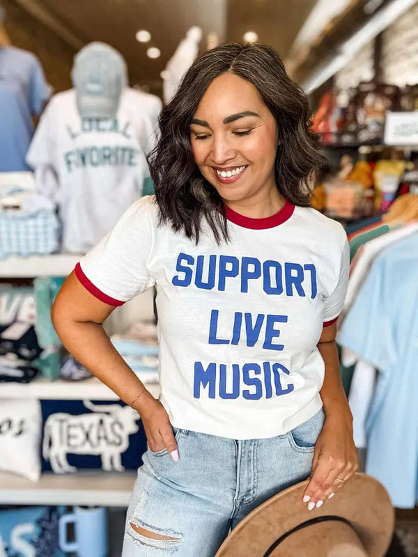 Support Live Music Vintage Ringer Shirt, Graphic Tee - Blush & Cactus