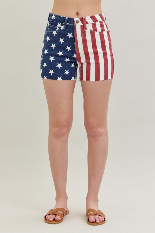 Judy Blue HW Americana Flag Fray Hem Shorts - Blush & Cactus