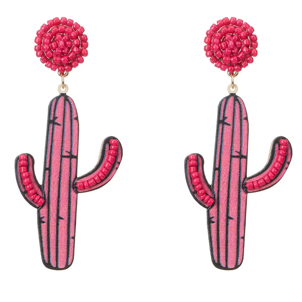 Wood Cactus Desert Dangle Earrings