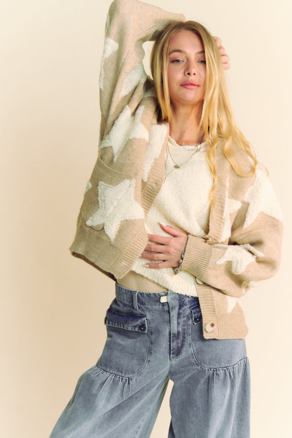 Davi & Dani Fuzzy Knit Star Loose Fit Button Down Cardigan