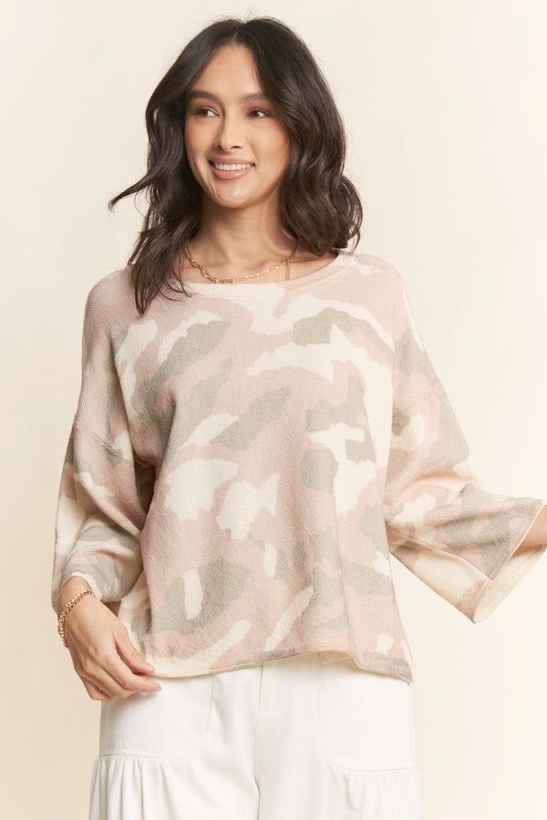 Davi & Dani Military Print Knit Long Sleeves Loose Fit Top