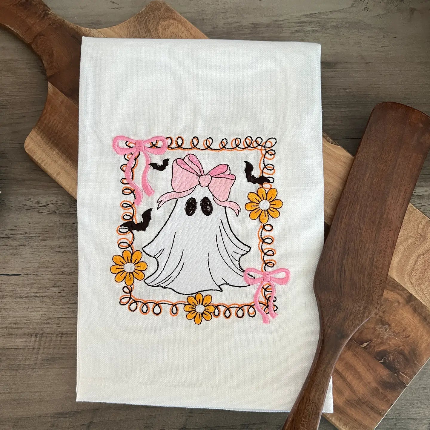 Halloween Preppy Ghost Bow Embroidered Kitchen Towels