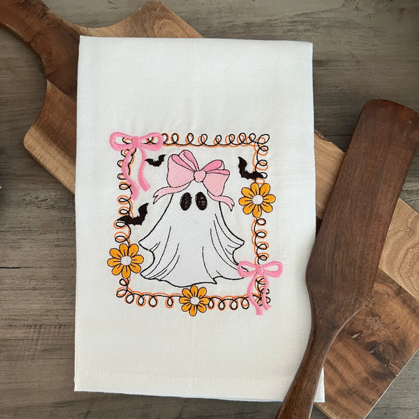 Halloween Preppy Ghost Bow Embroidered Kitchen Towels