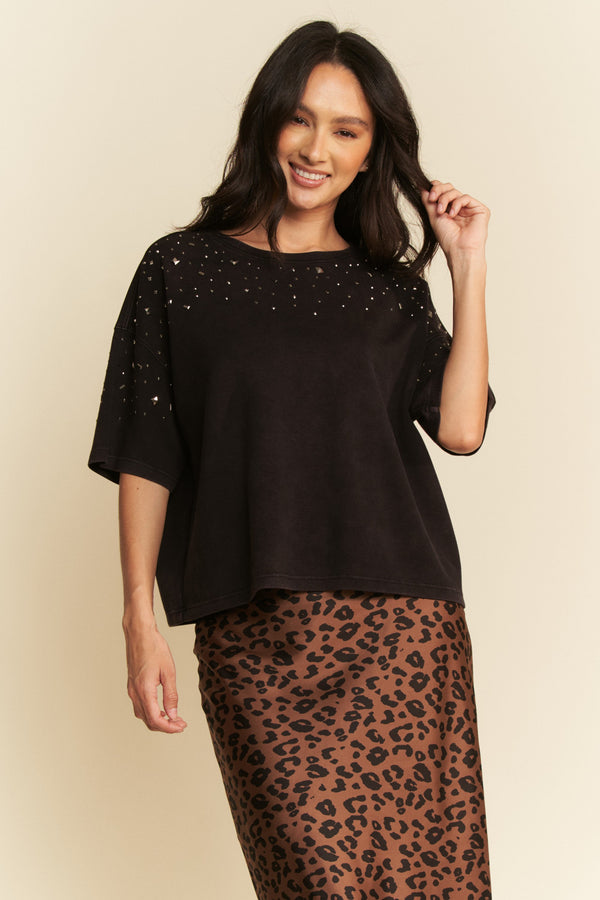 Davi & Dani Hotfix Studded Short Sleeve Loose Fit Top - Curvy Size