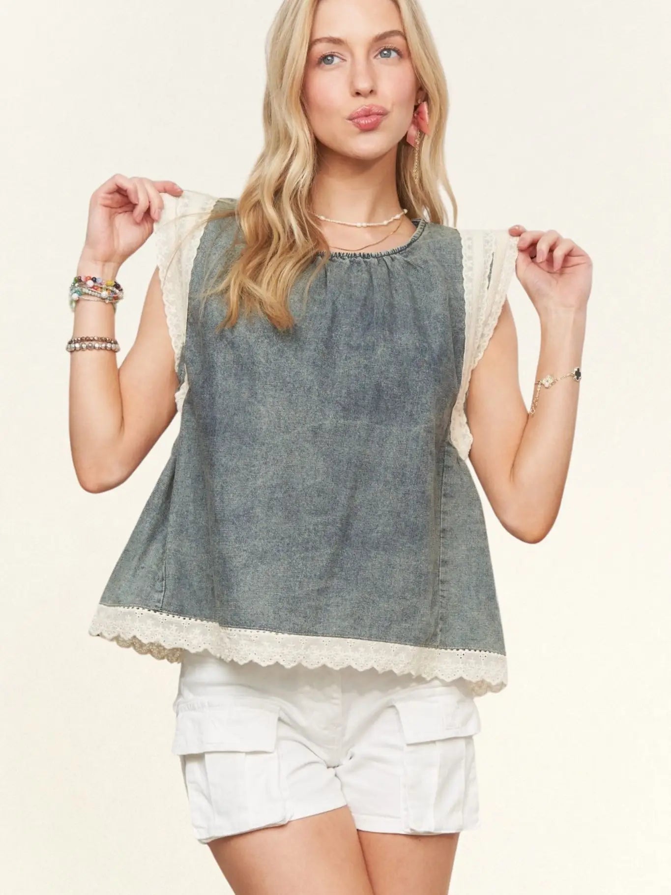 Denim Lace Trim Blouse - Blush & Cactus