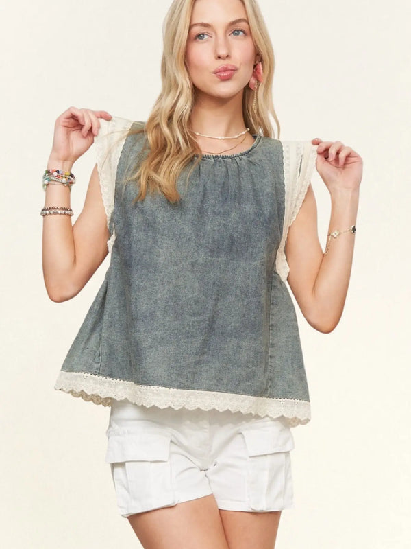Denim Lace Trim Blouse - Blush & Cactus