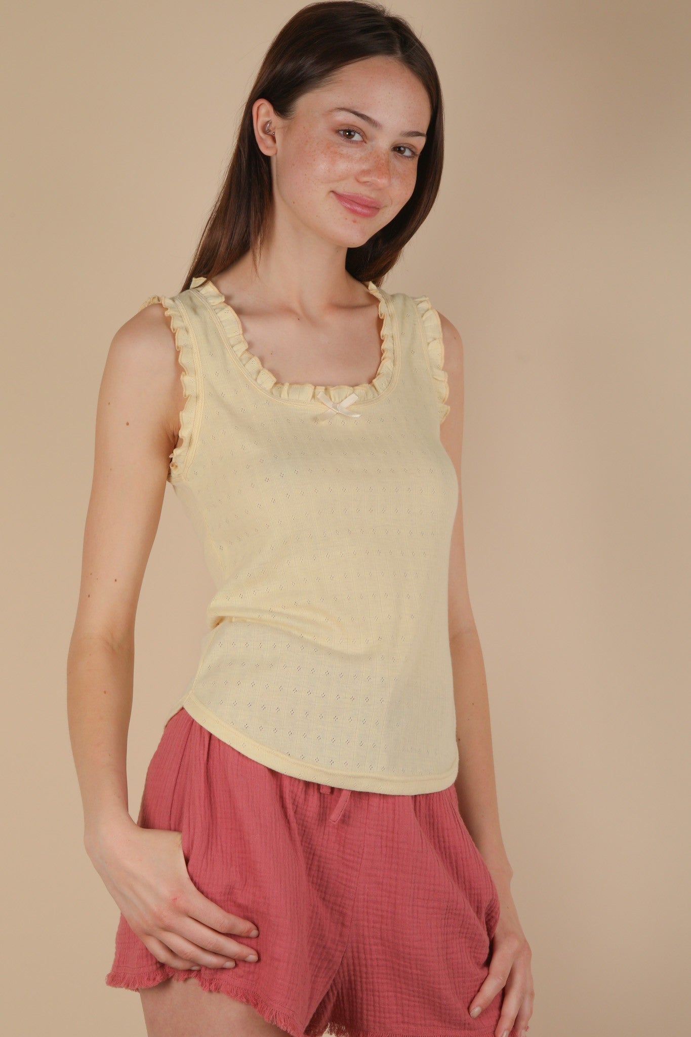Very J Bow Trim Ruffled Knit Tank Top