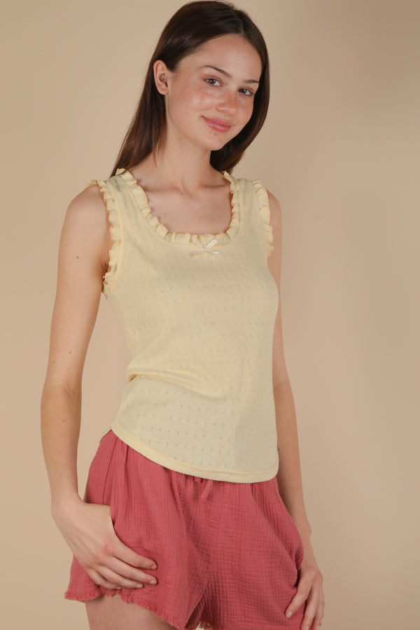 Very J Bow Trim Ruffled Knit Tank Top