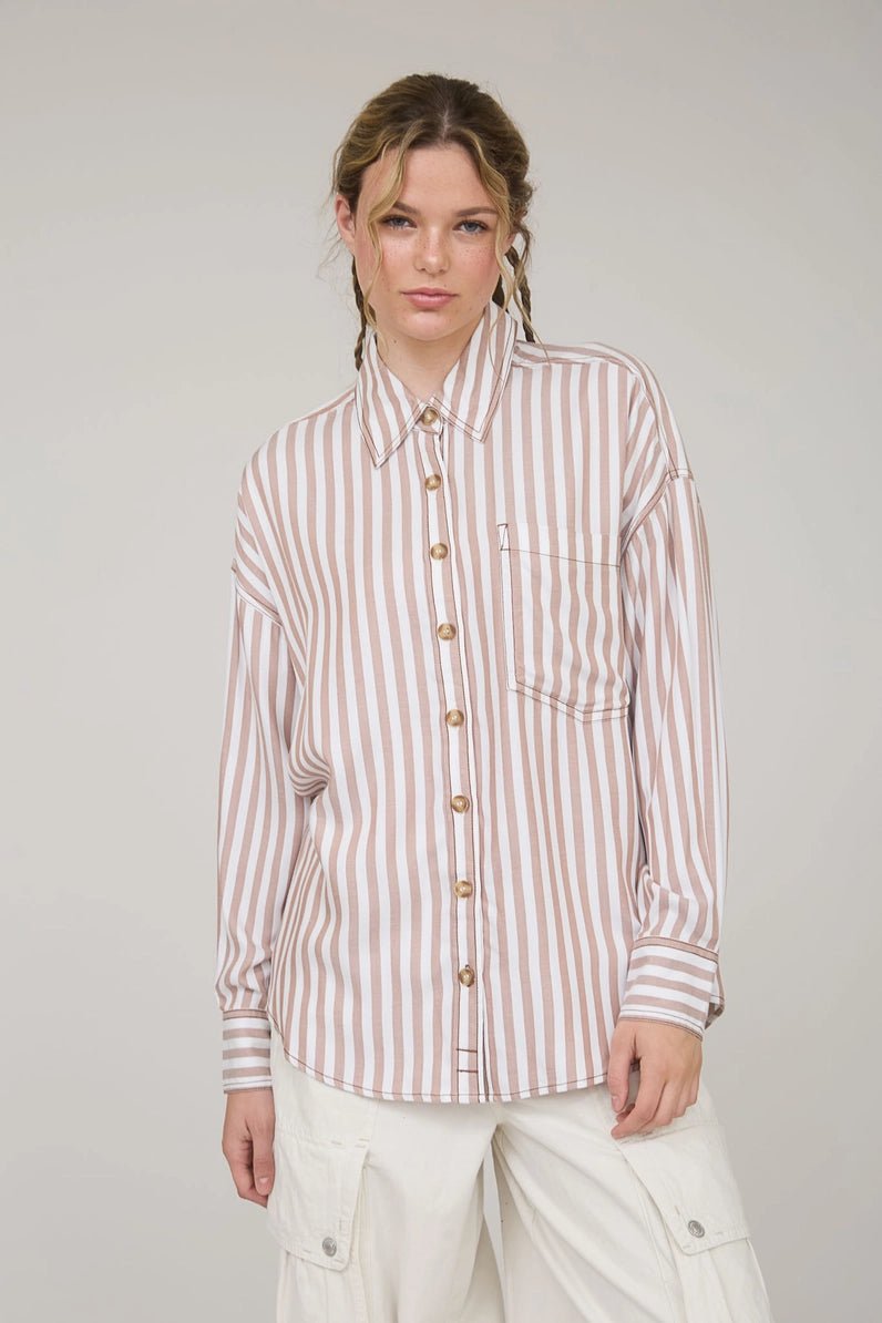 Stripe Collared Button Down Long Sleeve Shirt - Blush & Cactus