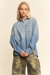 Davi & Dani Oversized Rhinestone Chest Pocket Denim Shirt - Blush & Cactus