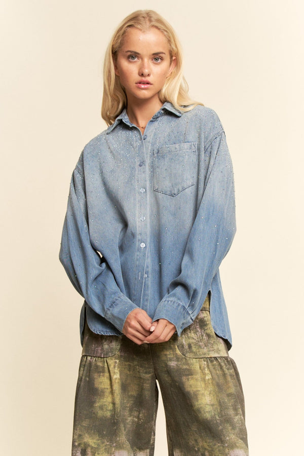 Davi & Dani Oversized Rhinestone Chest Pocket Denim Shirt - Blush & Cactus