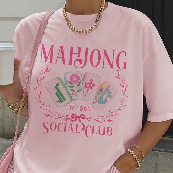 Mahjong Preppy Social Club Pink Green Retro Game Graphic Tee - Blush & Cactus