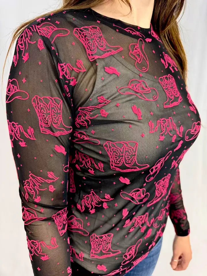 Country Velvet Mesh Top - Blush & Cactus