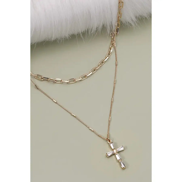 Layerd Gold Chain with Rhinestone Style Cross
