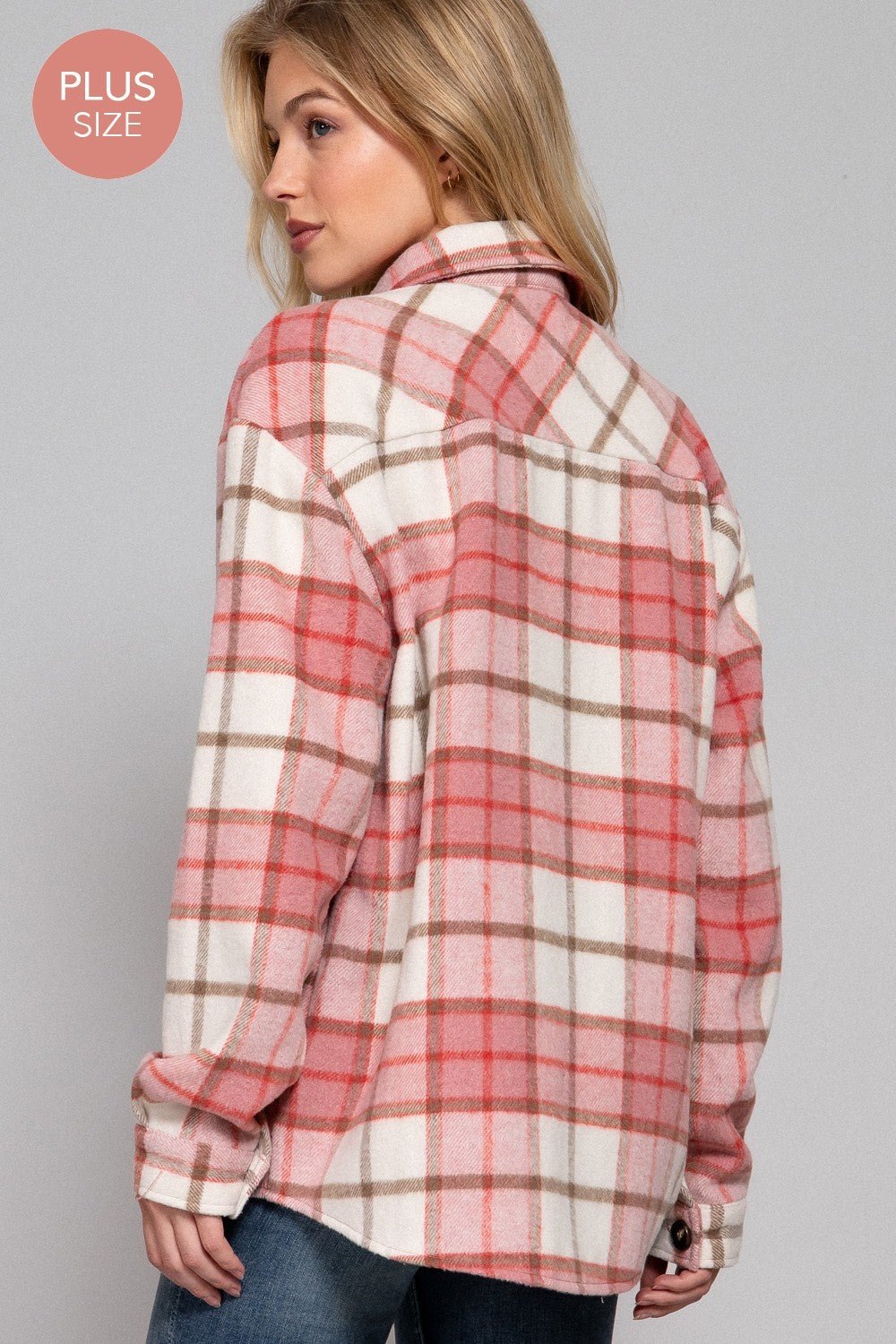 Long Slv Wool Blend Plaid Jacket - Curvy Size - Blush & Cactus