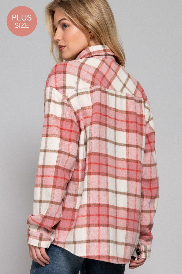 Long Slv Wool Blend Plaid Jacket - Curvy Size - Blush & Cactus