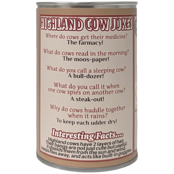 Canned Highland Cow | Stuffed Farm Animal Plush w/Jokes - Blush & Cactus