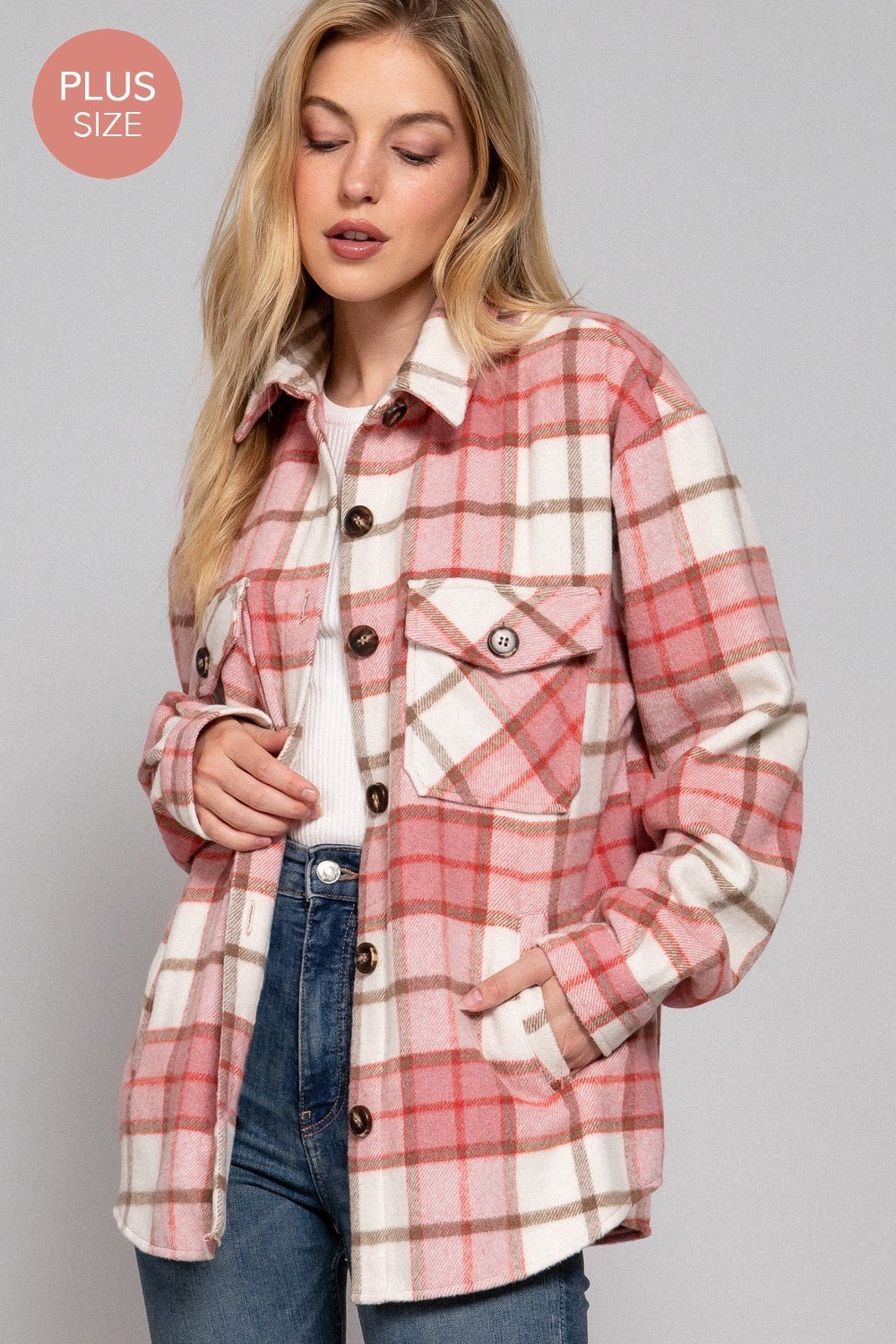Long Slv Wool Blend Plaid Jacket - Curvy Size - Blush & Cactus