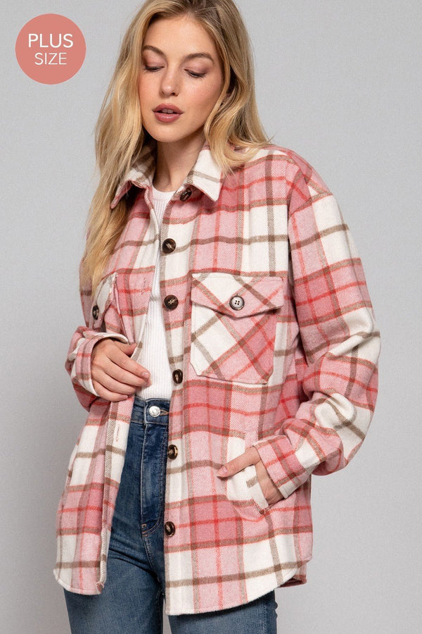 Long Slv Wool Blend Plaid Jacket - Curvy Size - Blush & Cactus