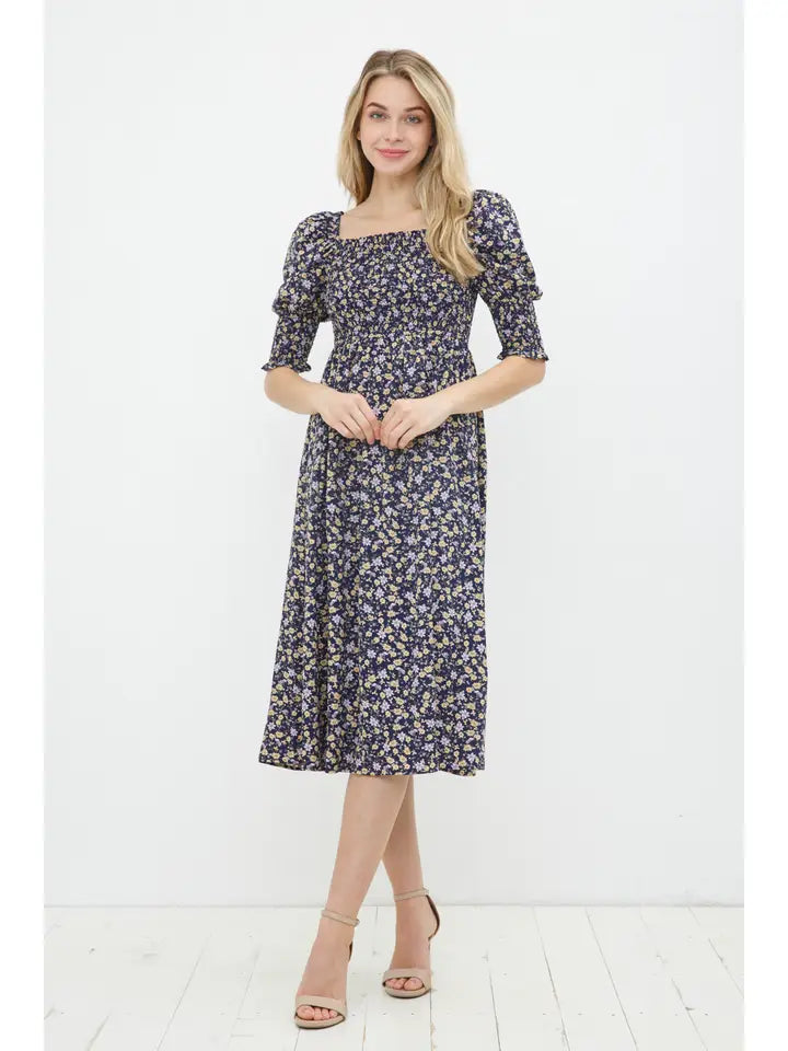 Blue B Floral Print Smocked Bodice Puff Midi Dress