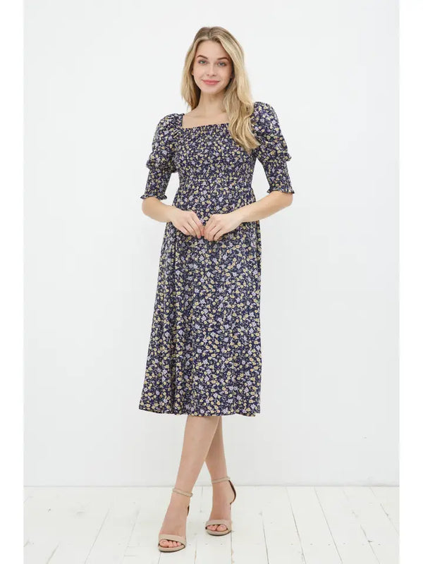 Blue B Floral Print Smocked Bodice Puff Midi Dress
