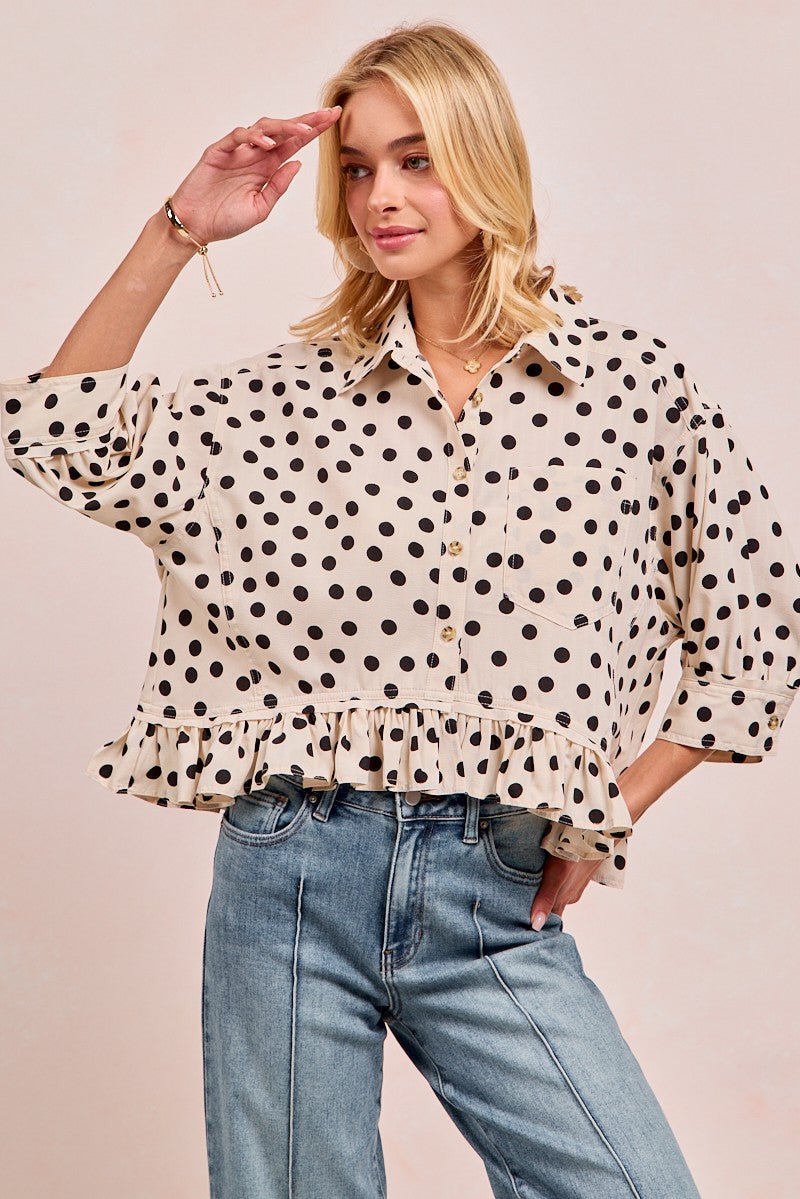 Bibi Polka Dot Printed Peplum Top With Front Button - Blush & Cactus