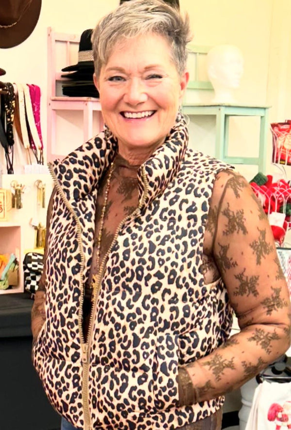 Leopard Print Puffer Vest - Blush & Cactus