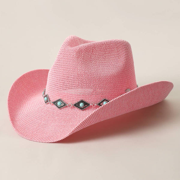 Cowboy Straw Hat With Turquoise Metal Band