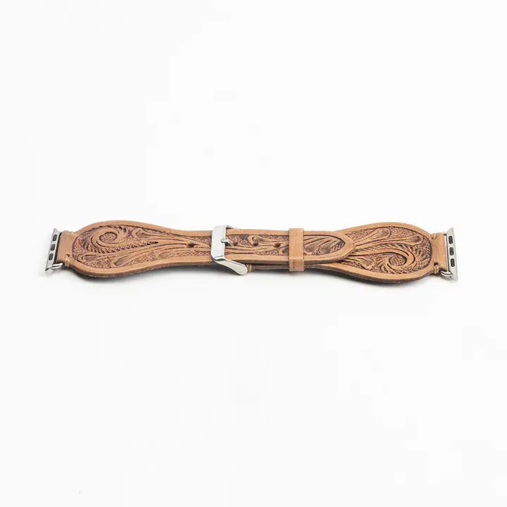 Myra Lone Star Handtooled Leather Watch Band in Light Saddle Tan